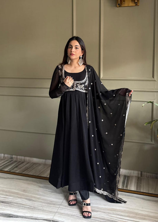 Full length black Anarkali suit with dupatta