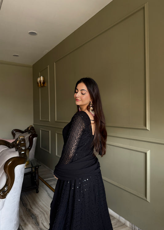 Black Georgette Lucknowi Anarkali Suit Back View For Women