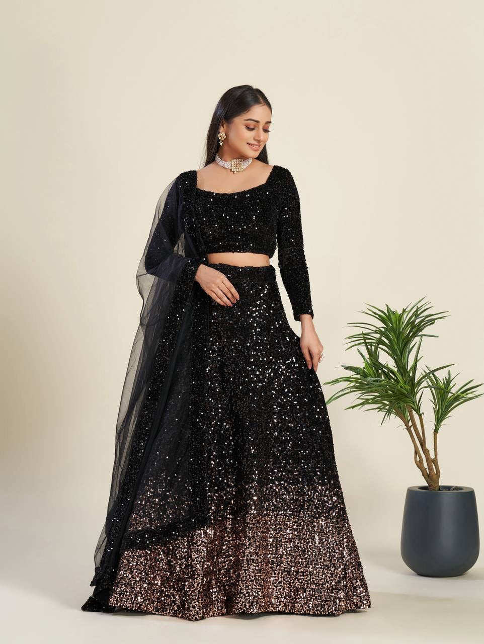 Black Velvet Lehenga Choli frontview For Women