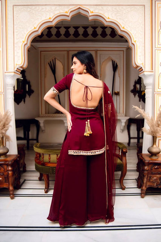 Maroon Georgette Palazzo Suit backview For Women