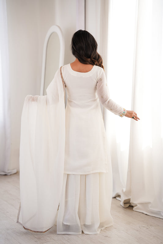 Offwhite Crunchy Silk Sharara Suit backview For Women
