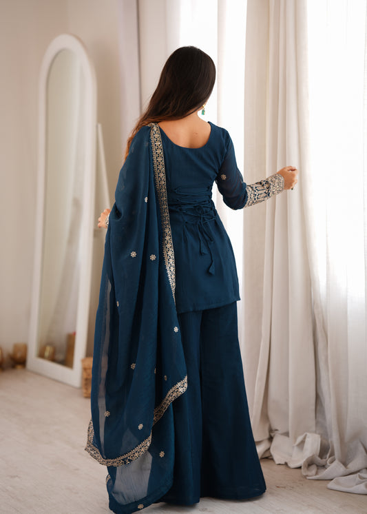 Tealblue Crunchy Silk Kurta Bell Bottom Pant backview For Women