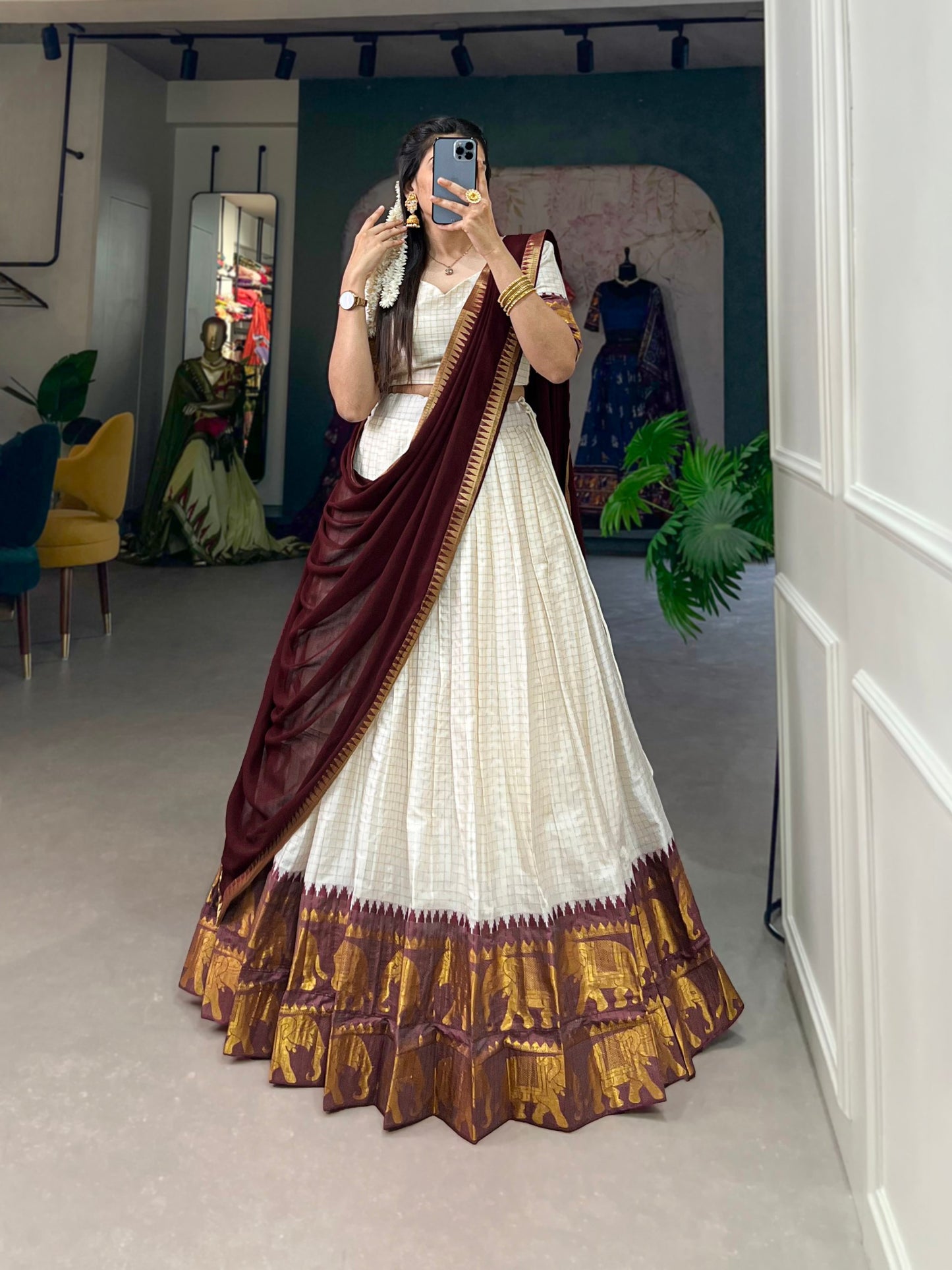 White Poly Cotton South Indian Half Saree Lehenga Choli sideview For Women