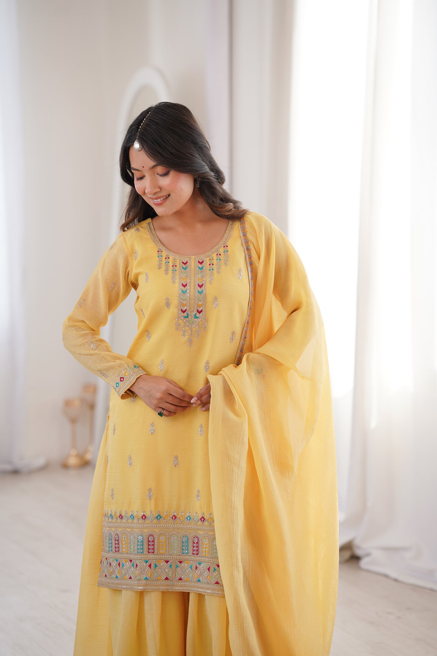 Yellow Crunchy Silk Sharara Suit closeview For Women