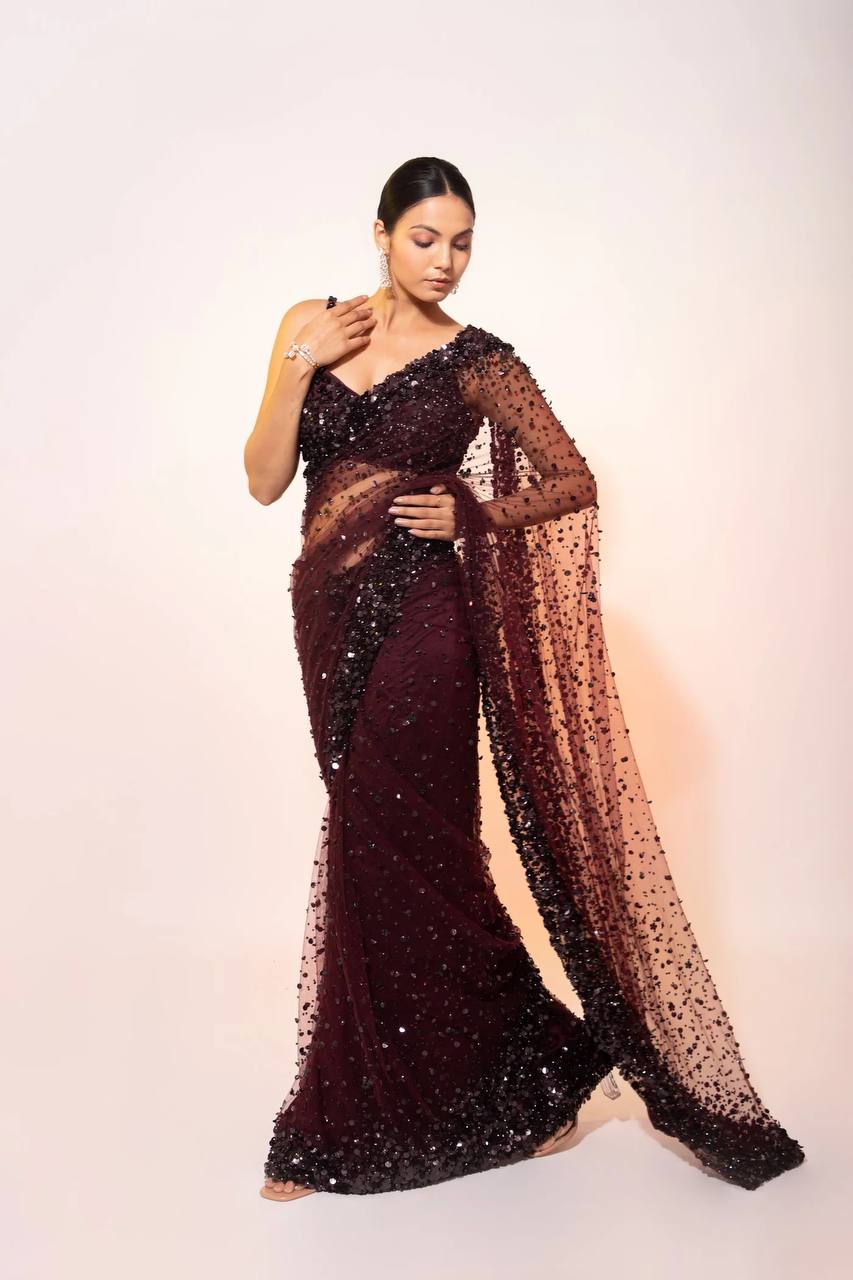 Golden net saree front view party wear saree for women