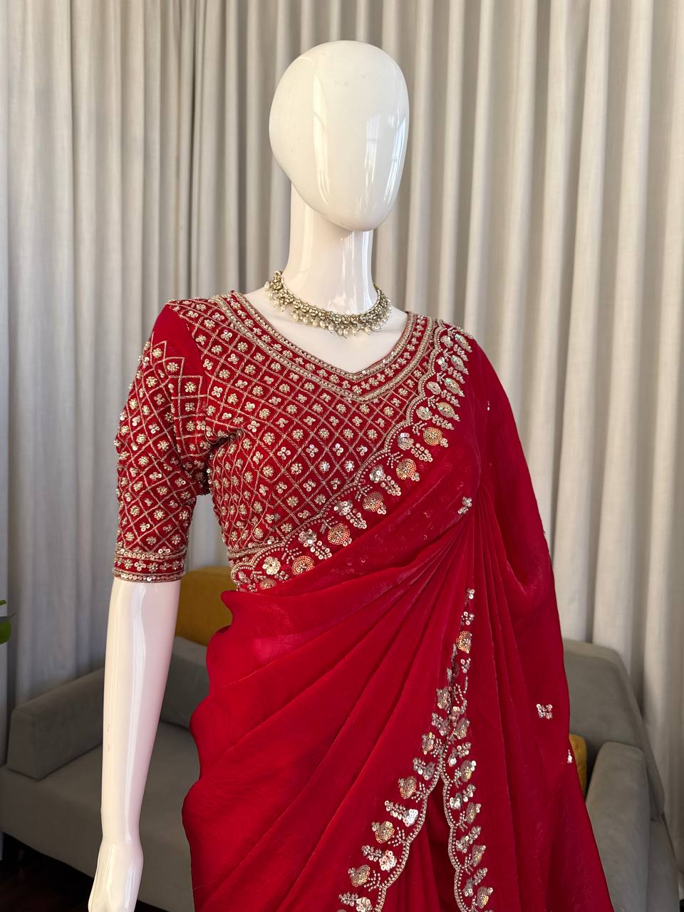 Red Fendy Silk Saree closeview For Women 