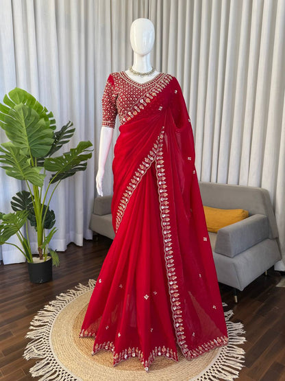 Red Fendy Silk Saree frontview For Women 