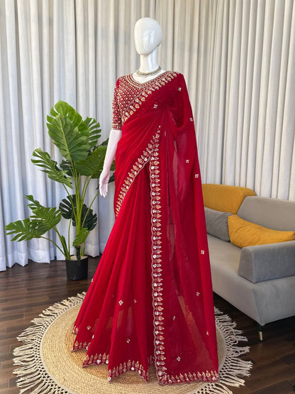 Red Fendy Silk Saree leftview For Women 