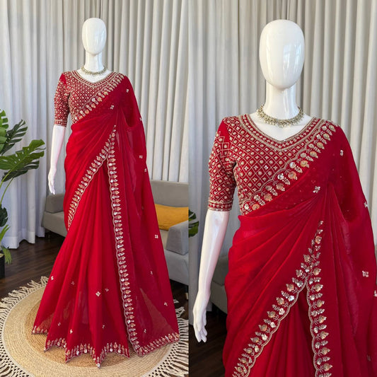 Red Fendy Silk Saree For Women | Party Wear 