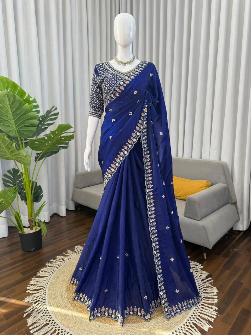 Royal Blue Fendy Silk Saree frontview For Women