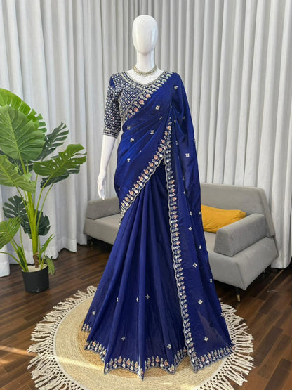 Royal Blue Fendy Silk Saree frontview For Women