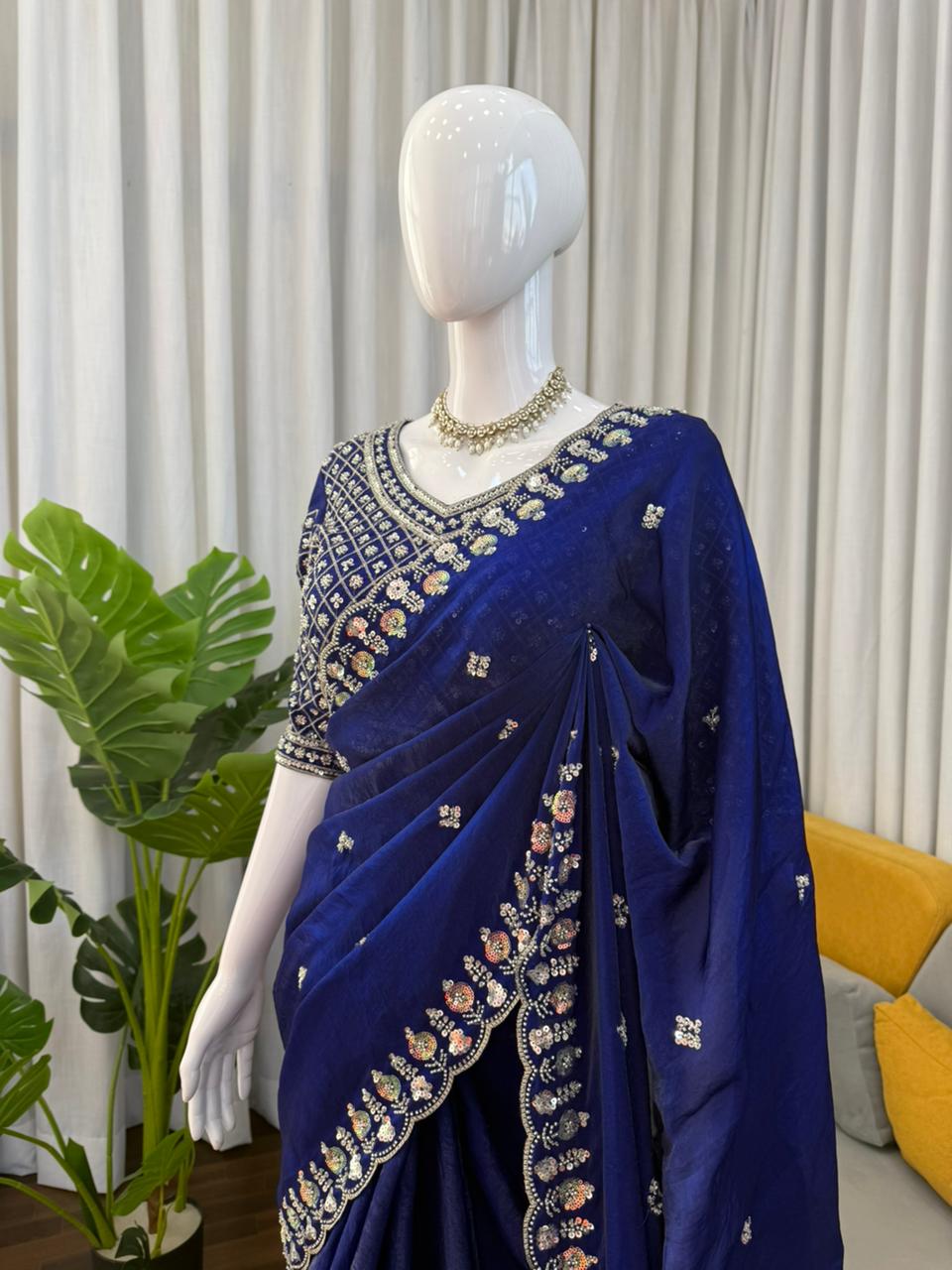 Royal Blue Fendy Silk Saree rightview For Women