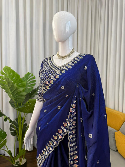 Royal Blue Fendy Silk Saree rightview For Women