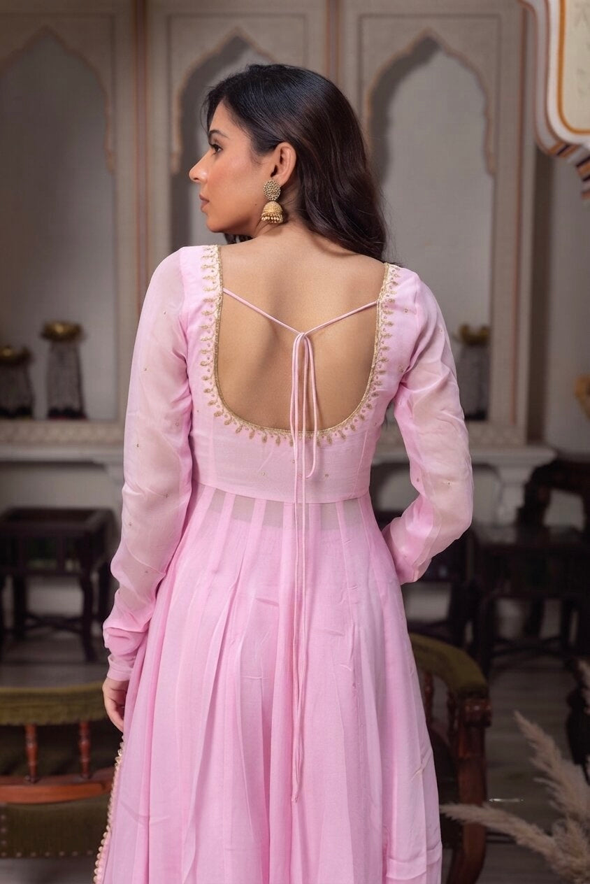 Baby Pink Georgette Anarkali Set backview For Women