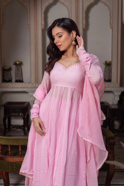 Baby Pink Georgette Anarkali Set closeview For Women