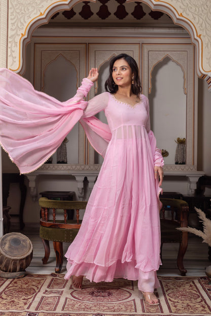 Baby Pink Georgette Anarkali Palazzo Suit Set For Women | Festive & Party Wear