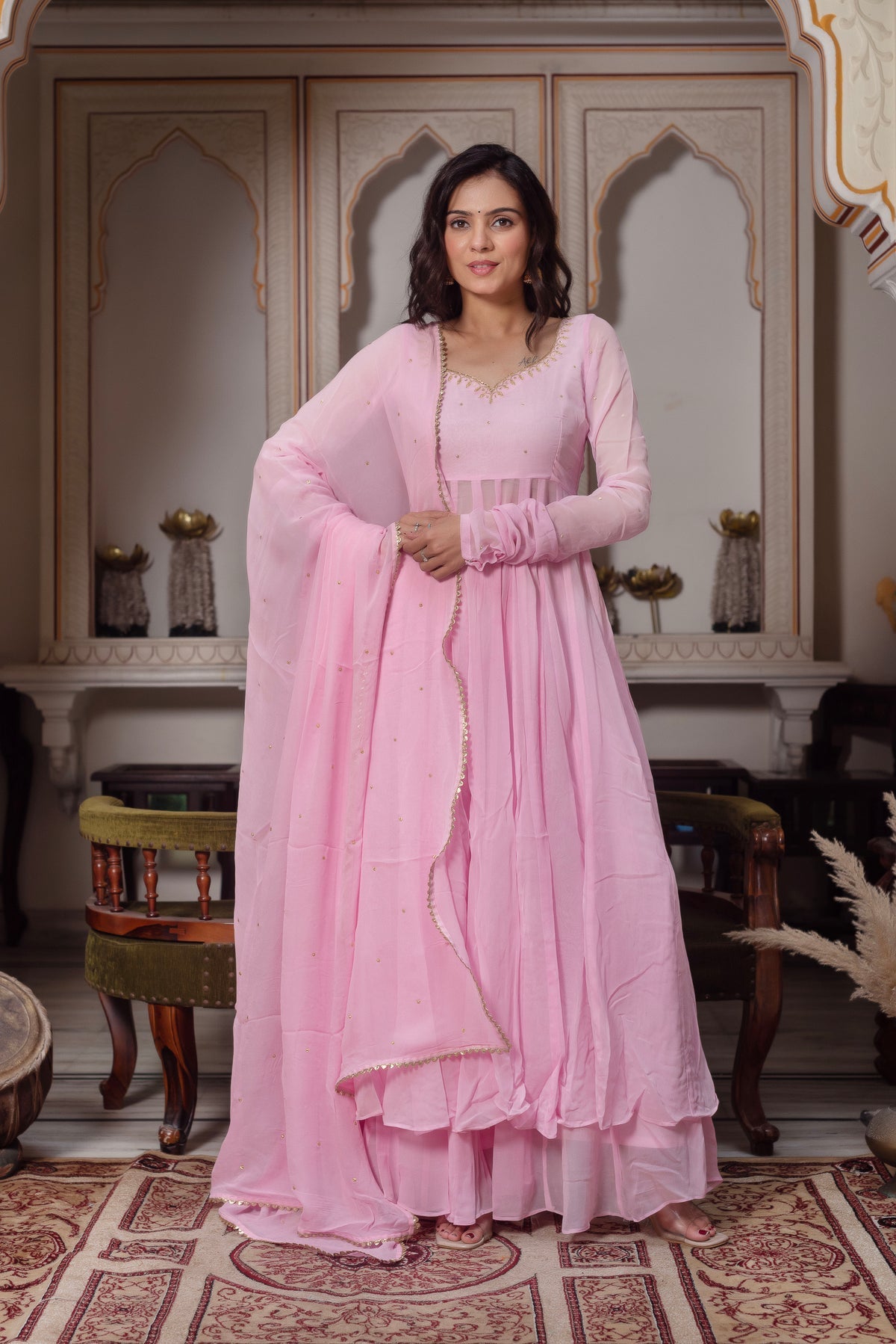 Baby Pink Georgette Anarkali Set fullview For Women