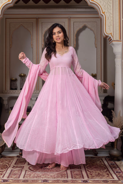 Baby Pink Georgette Anarkali Set For Women | Festive Wear