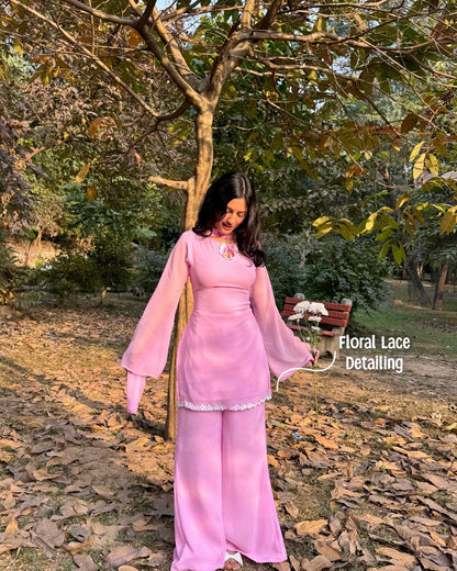 Baby Pink Georgette Sharara Suit frontview For Women