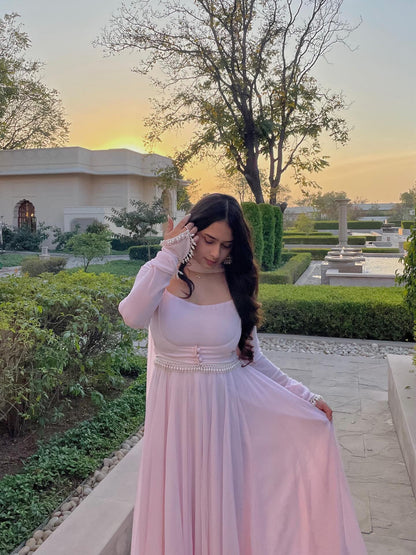 Baby Pink Georgette Anarkali Gown closeview For Women