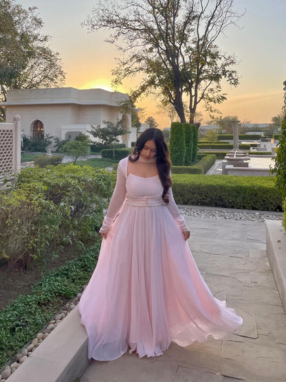 Baby Pink Georgette Anarkali Gown frontview For Women