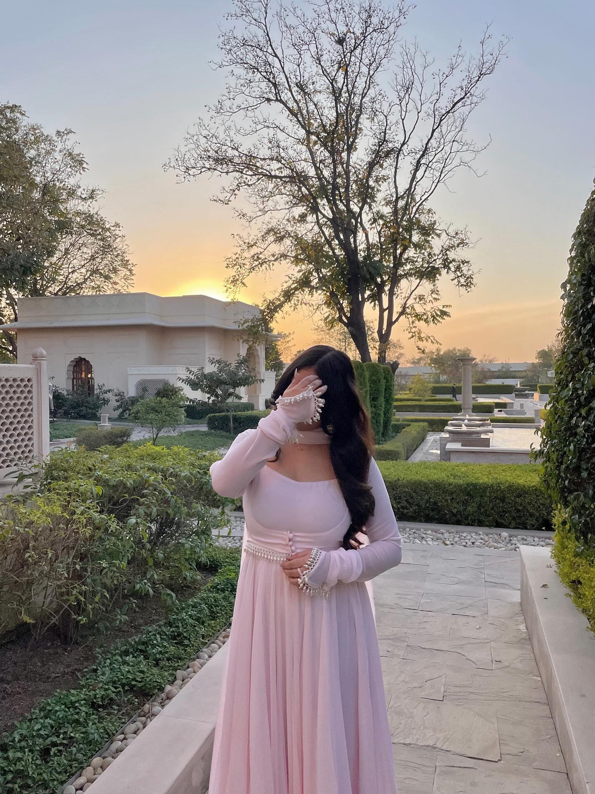 Baby Pink Georgette Anarkali Gown sideview For Women