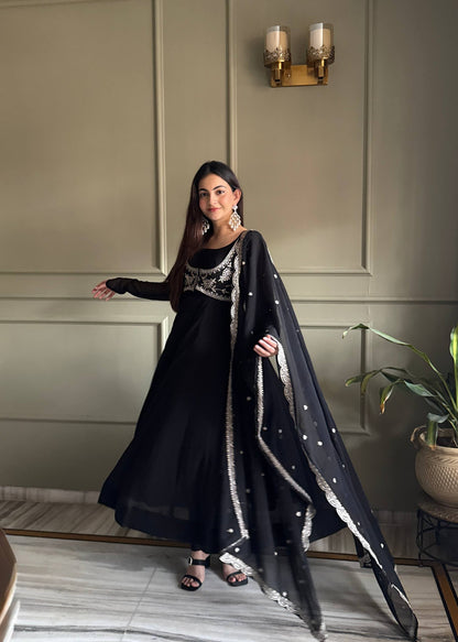 Embroidery detail on black georgette Anarkali suit
