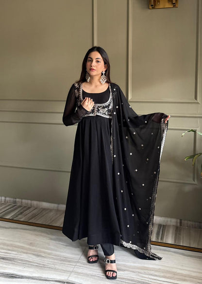 Full length black Anarkali suit with dupatta