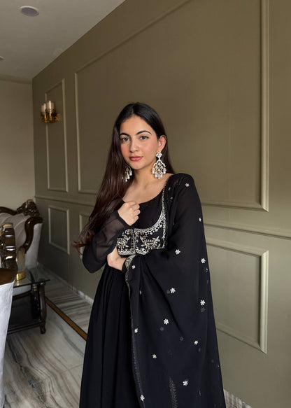 Side view of black Anarkali suit for women