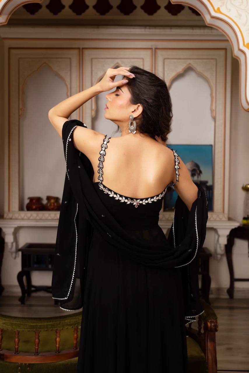 Black Georgette Anarkali Palazzo backview For Women 