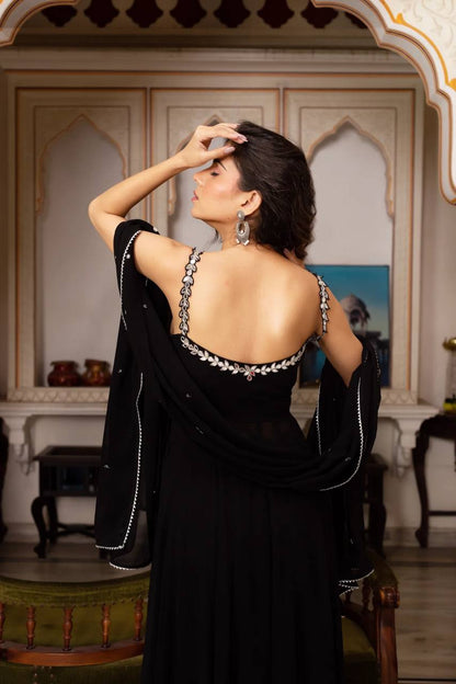 Black Georgette Anarkali Palazzo backview For Women 