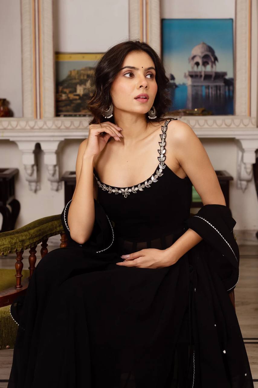 Black Georgette Anarkali Palazzo closeview For Women 