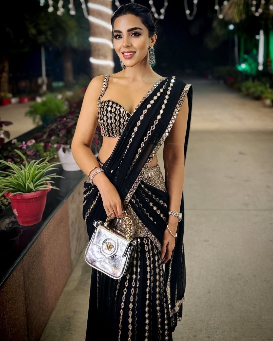 Black Georgette Lehenga Saree frontview For Women 