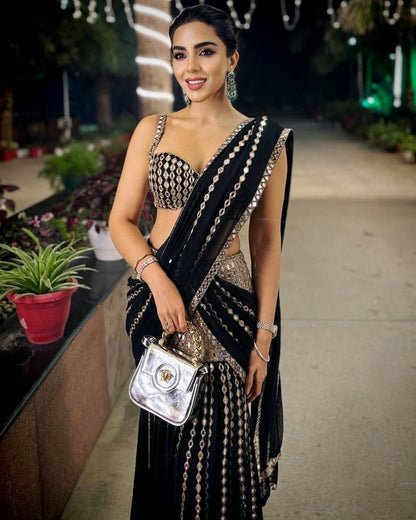Black Georgette Lehenga Saree frontview For Women 