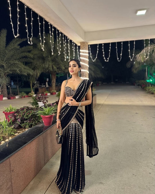 Black Georgette Lehenga Saree For Women | Festive Party Wear