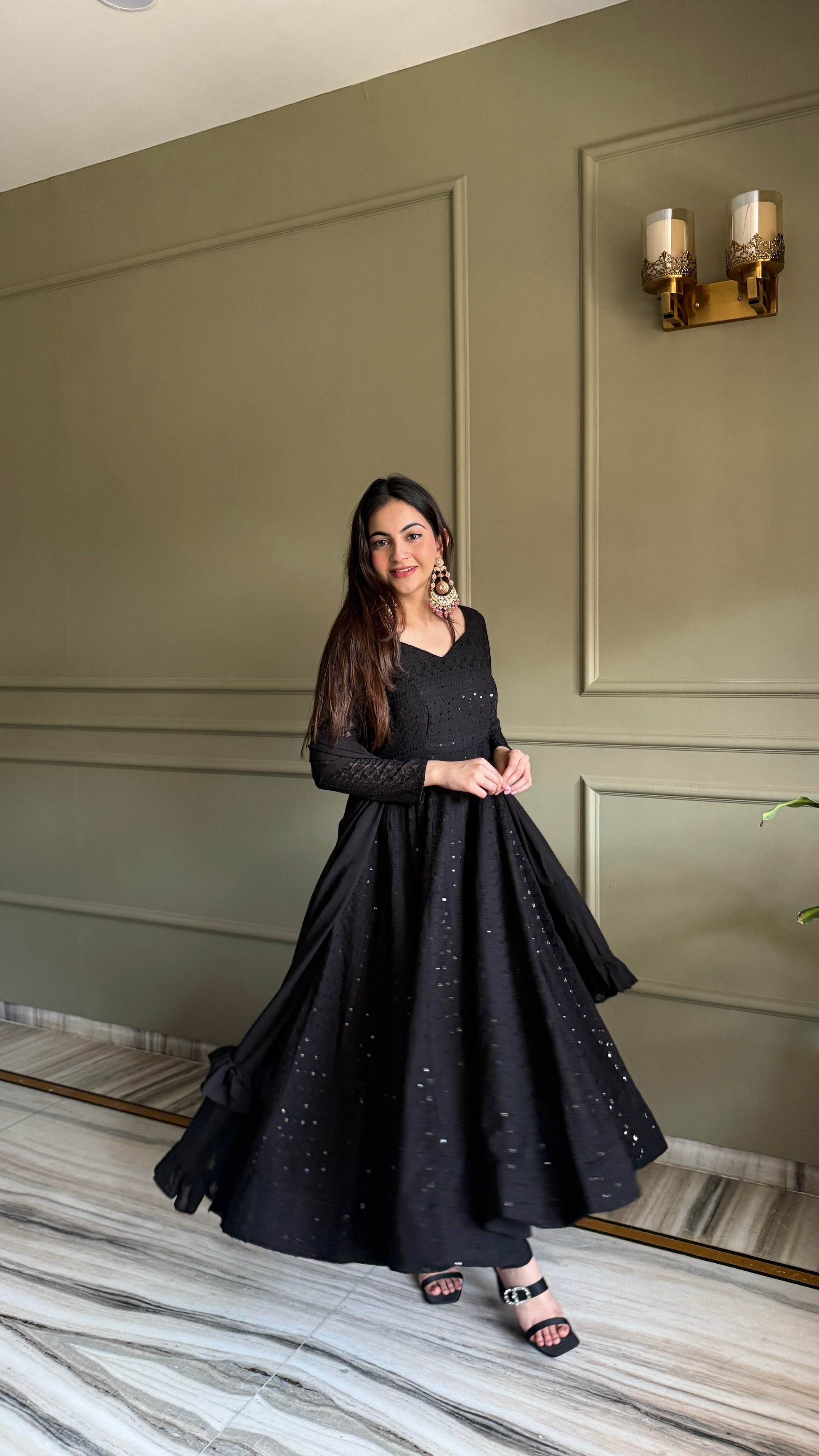 Black Georgette Lucknowi Anarkali Suit Side View For Women 