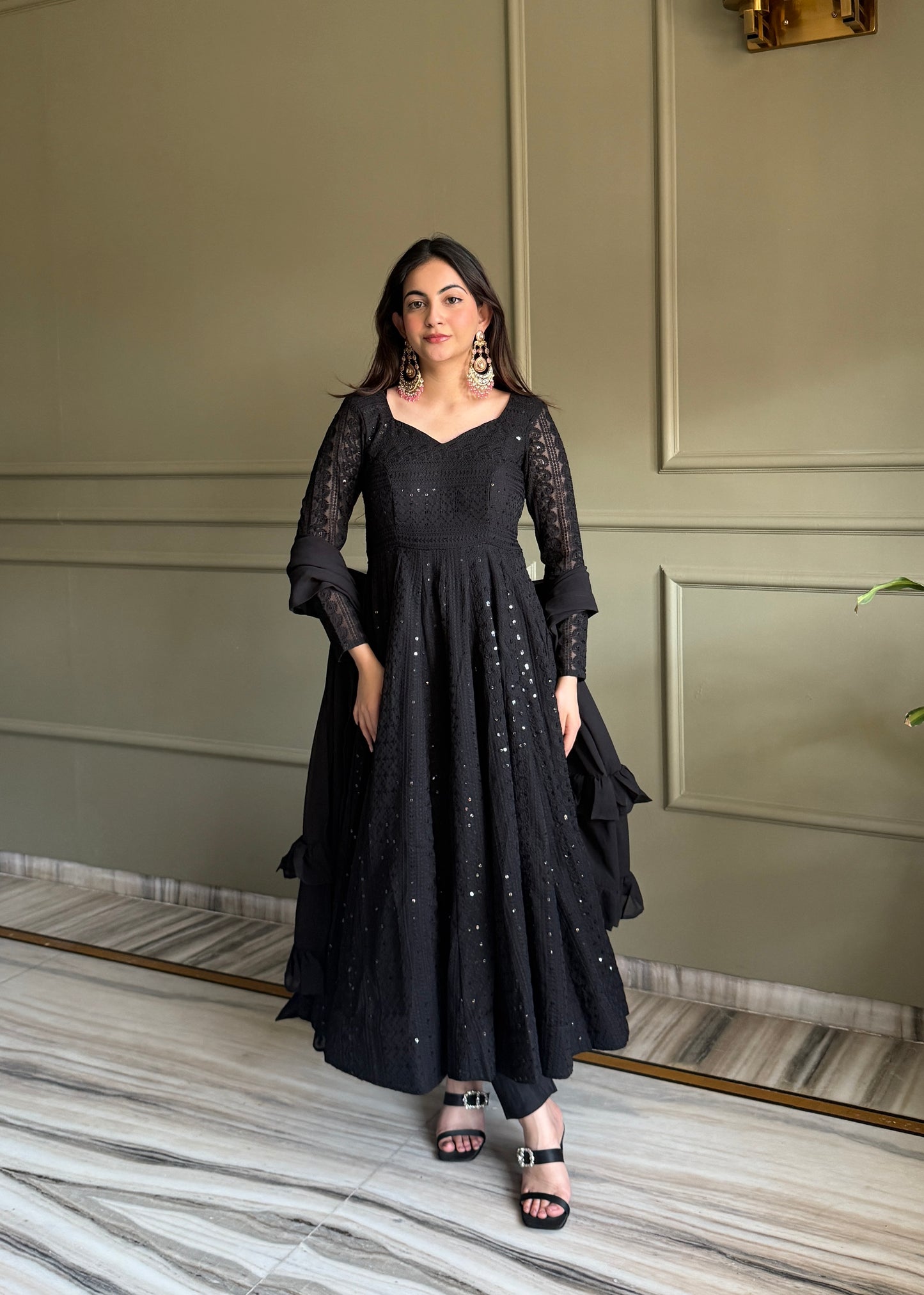 Black Georgette Lucknowi Anarkali Suit For Women Festive Occasions