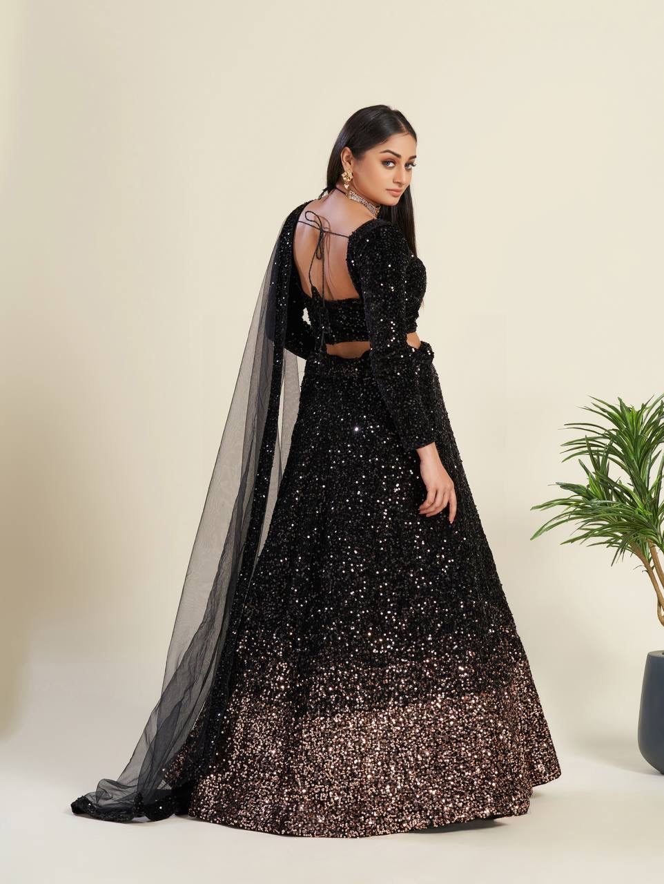 Black Velvet Lehenga Choli backview For Women 