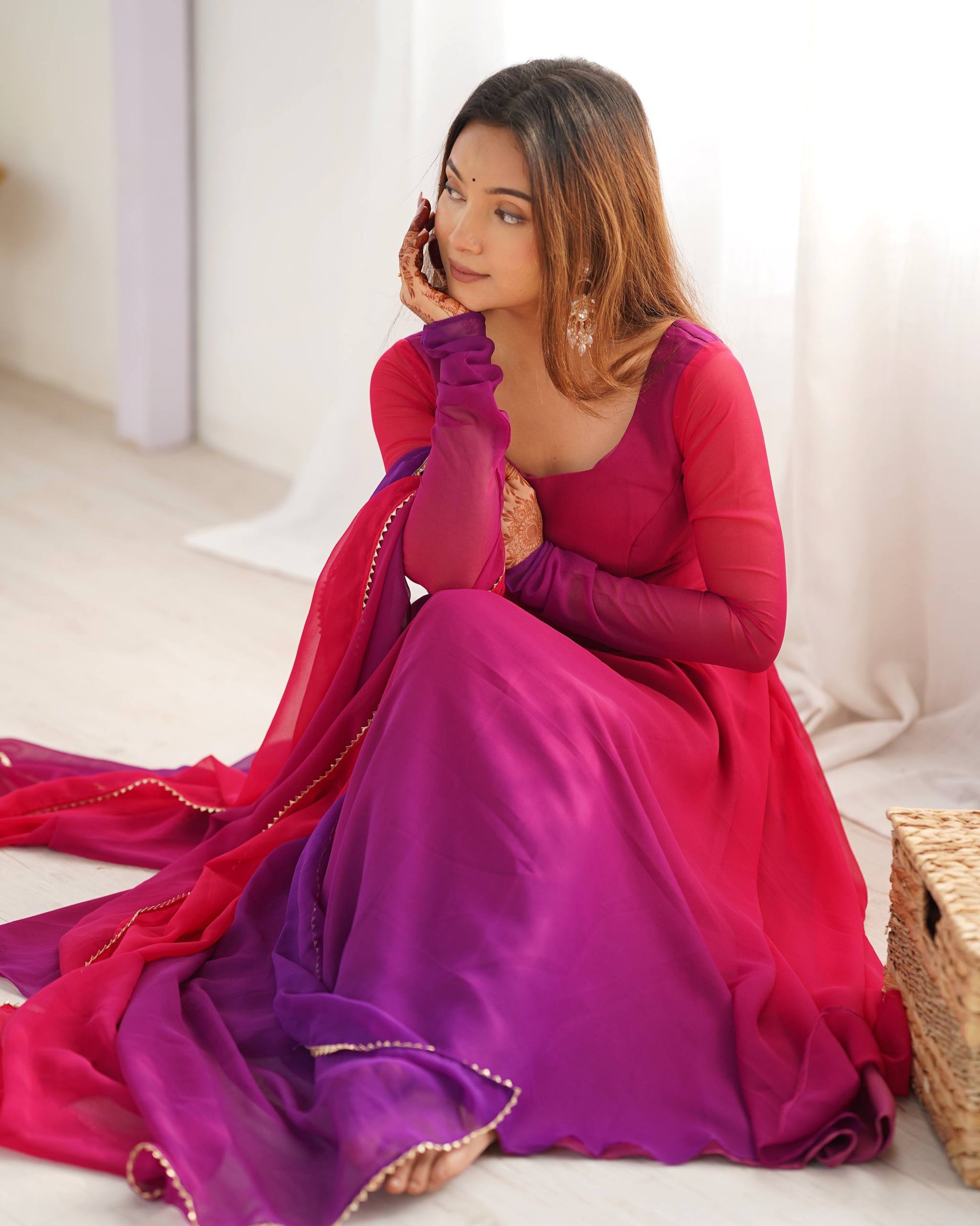Dark Pink Georgette Anarkali Suit down view For Women 