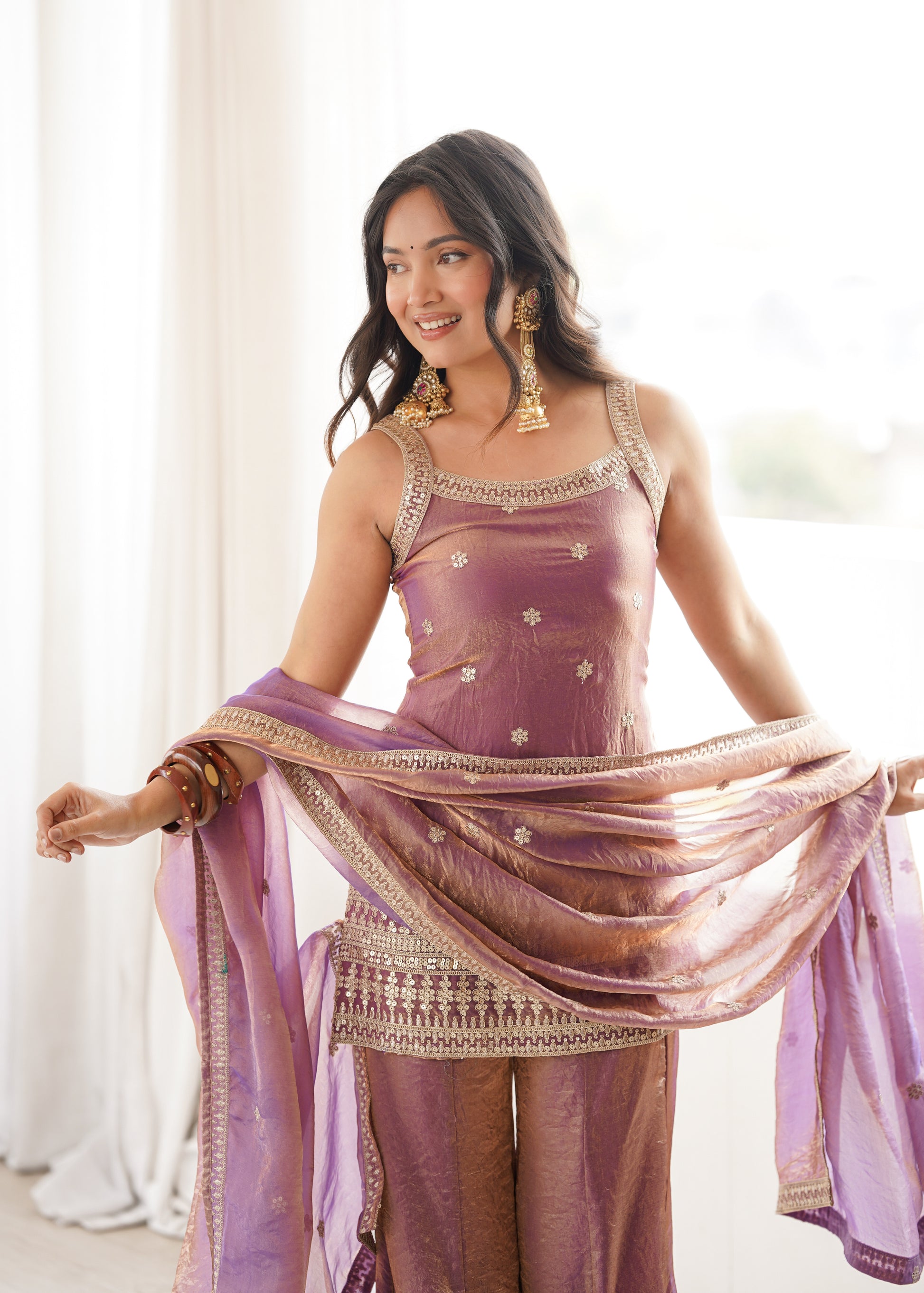 Dusty Pink Frendy Silk Suit closeview For Women