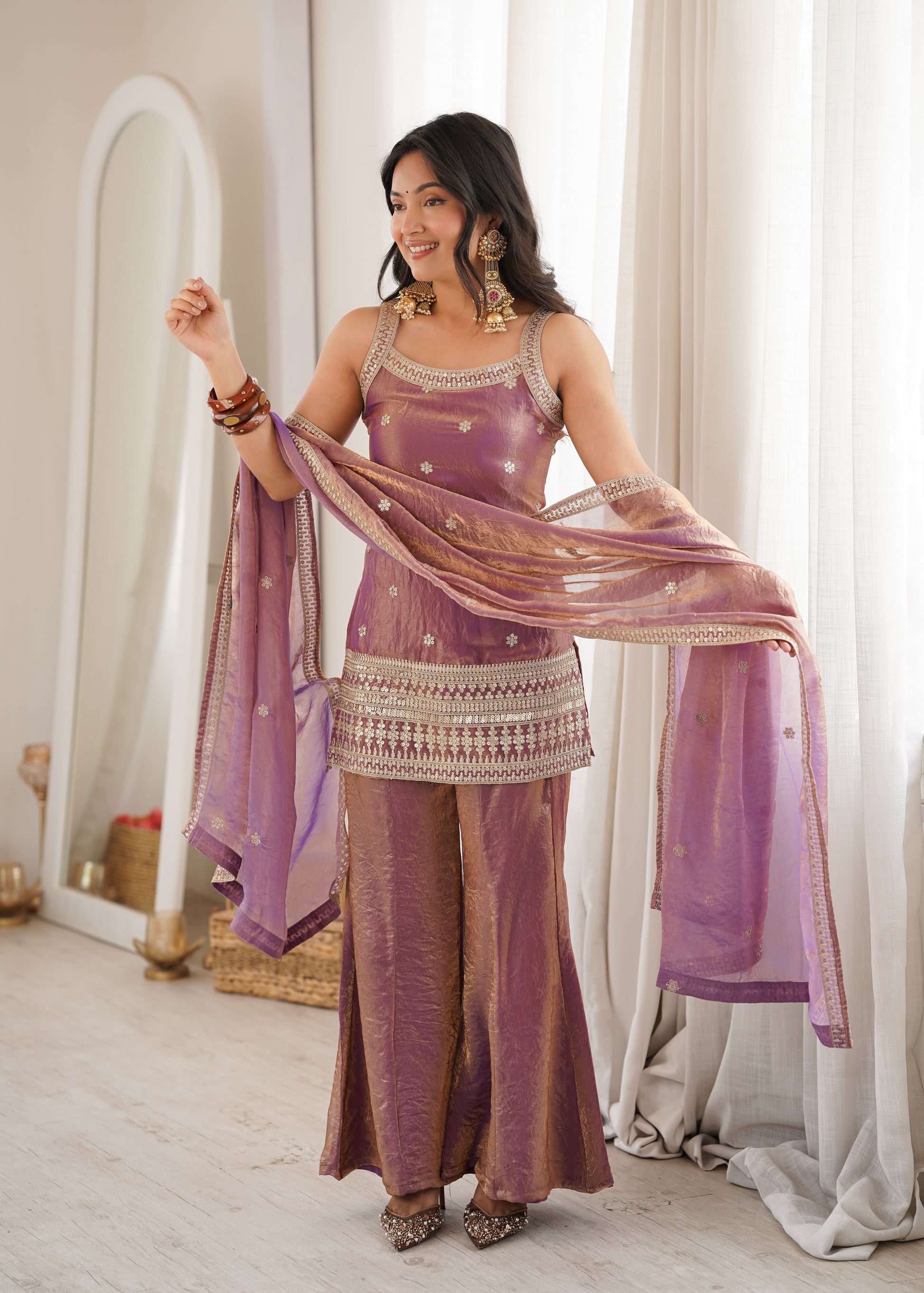 Dusty Pink Frendy Silk Suit frontview For Women