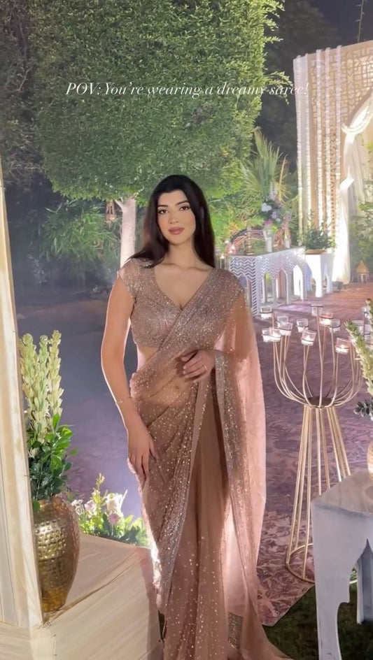 Golden Net Sequins Saree frontview For Women