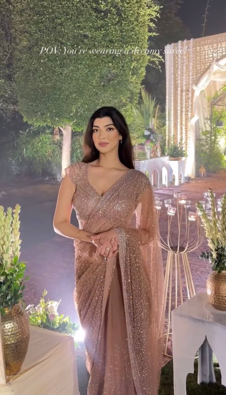 Golden Net Sequins Saree For Women | Party Wear Saree