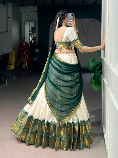 Green Poly Cotton South Indian Half Saree Lehenga Choli backview For Women