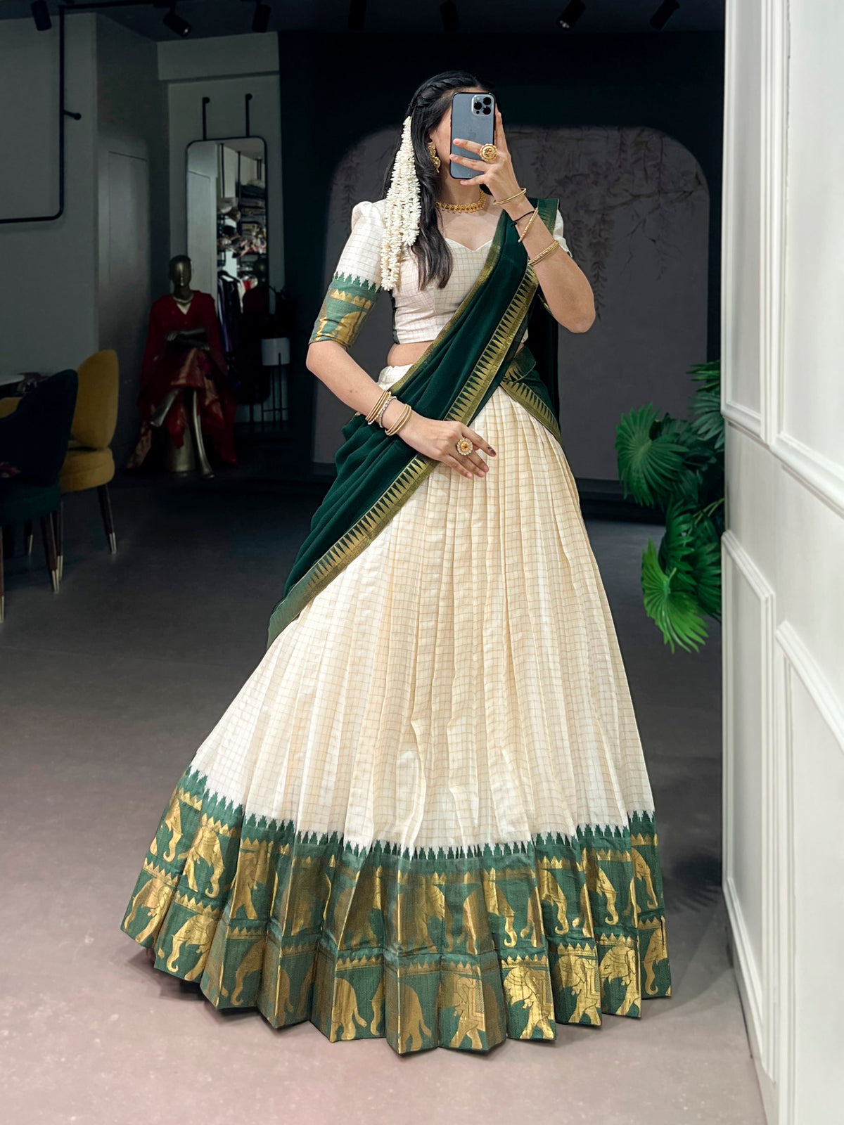 Green Poly Cotton South Indian Half Saree Lehenga Choli frontview For Women