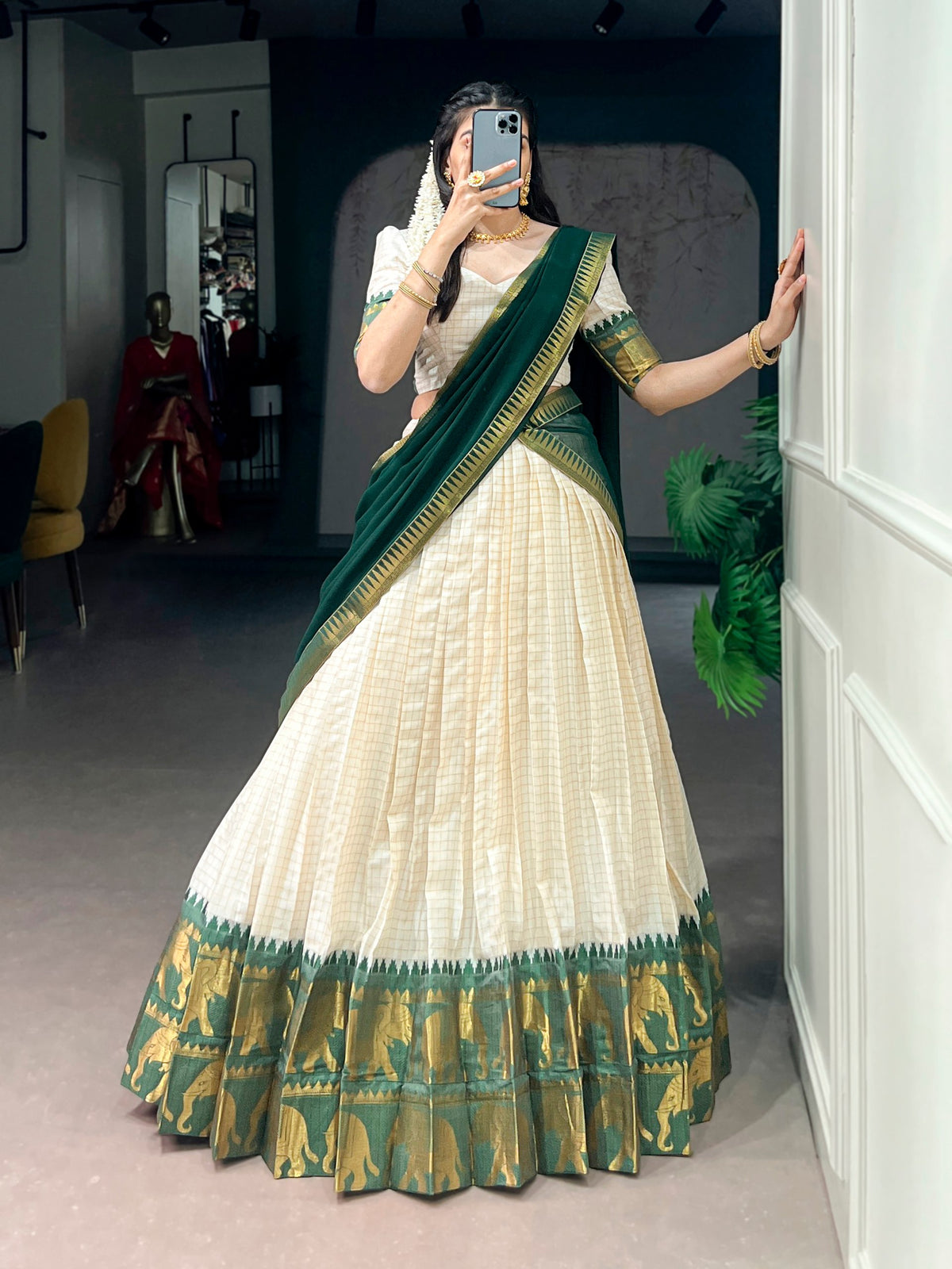 Green Poly Cotton South Indian Half Saree Lehenga Choli sideview For Women