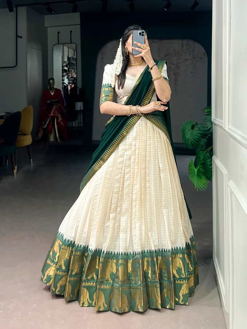 Green Poly Cotton South Indian Half Saree Lehenga Choli For Women | Festive Wear