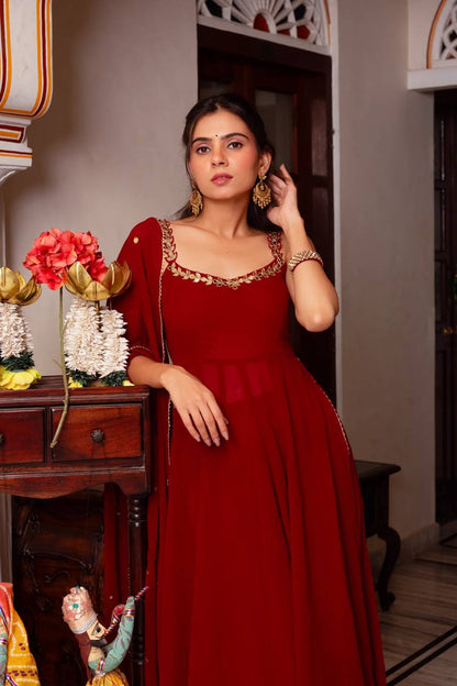 Maroon Georgette Anarkali Palazzo closeview For Women 