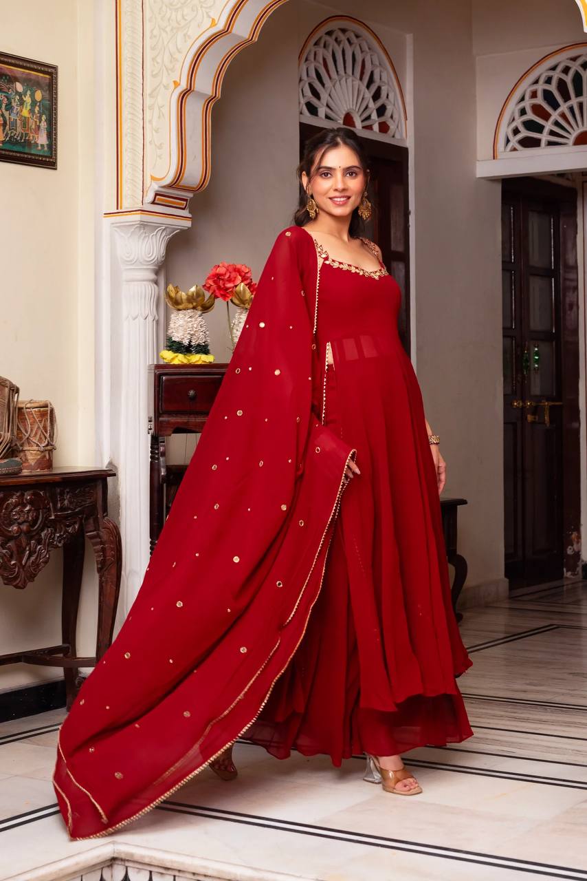 Maroon Georgette Anarkali Palazzo frontview For Women 