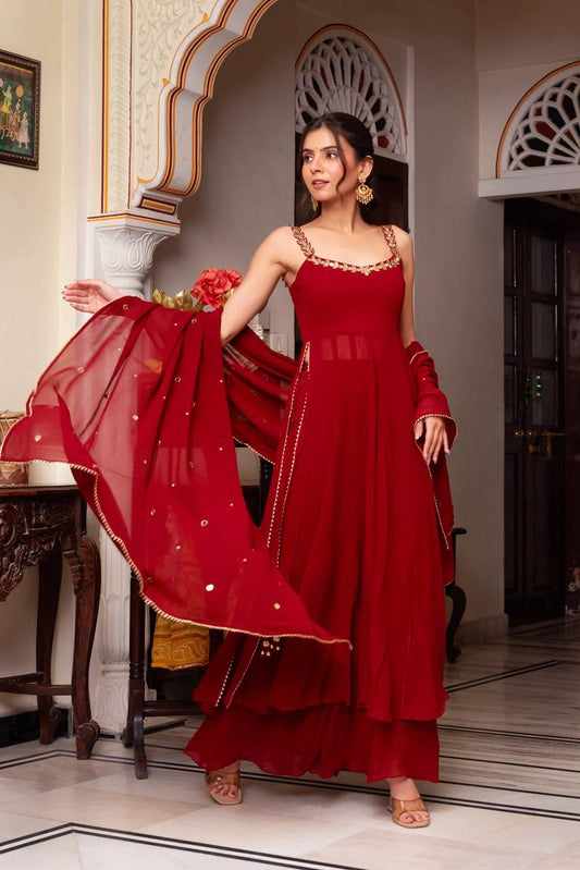 Maroon Georgette Anarkali Palazzo For Women | Festive Wear